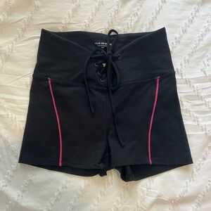 Year of Ours Black High-Waist Lace-Up Bike Shorts with Pink Trim